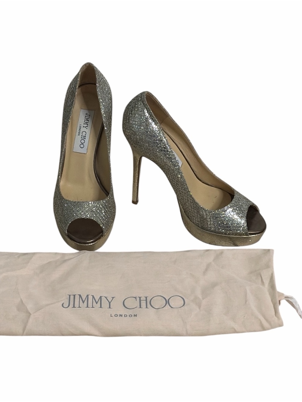 Jimmy Choo Silver/Gold Glitter Peep-Toe Stiletto Pumps